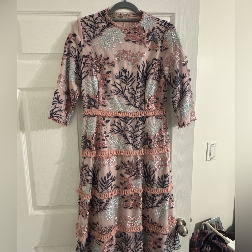 Embroidered Pink Sequin A-Line Dress